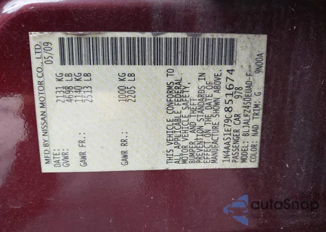 2009 Nissan Maxima 3.5 Sv from USA, damaged, VIN 1N4AA51E79C851674